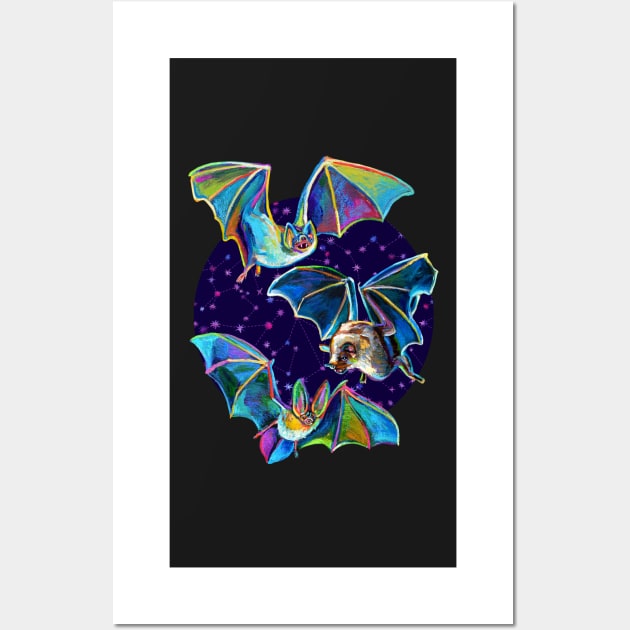 Psychedelic Bat Trio Pattern on Blue Wall Art by RobertPhelpsArt